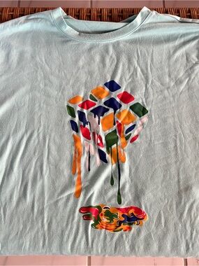 Light Aqua Tee with Colorful Dripping Rubix Cube Graphic